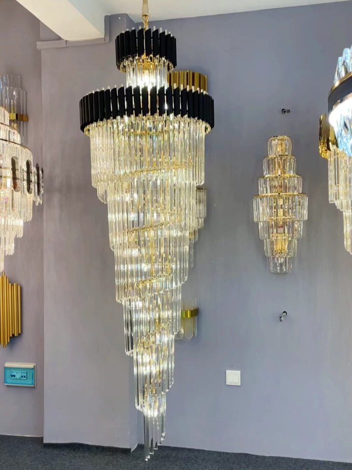 Classic Large Multi - layered Spiral Crystal Chandelier for Foyer/ Staircase - D31.5"*H118"/35 Lights/39 kgBlackWarm LightBlushlighting