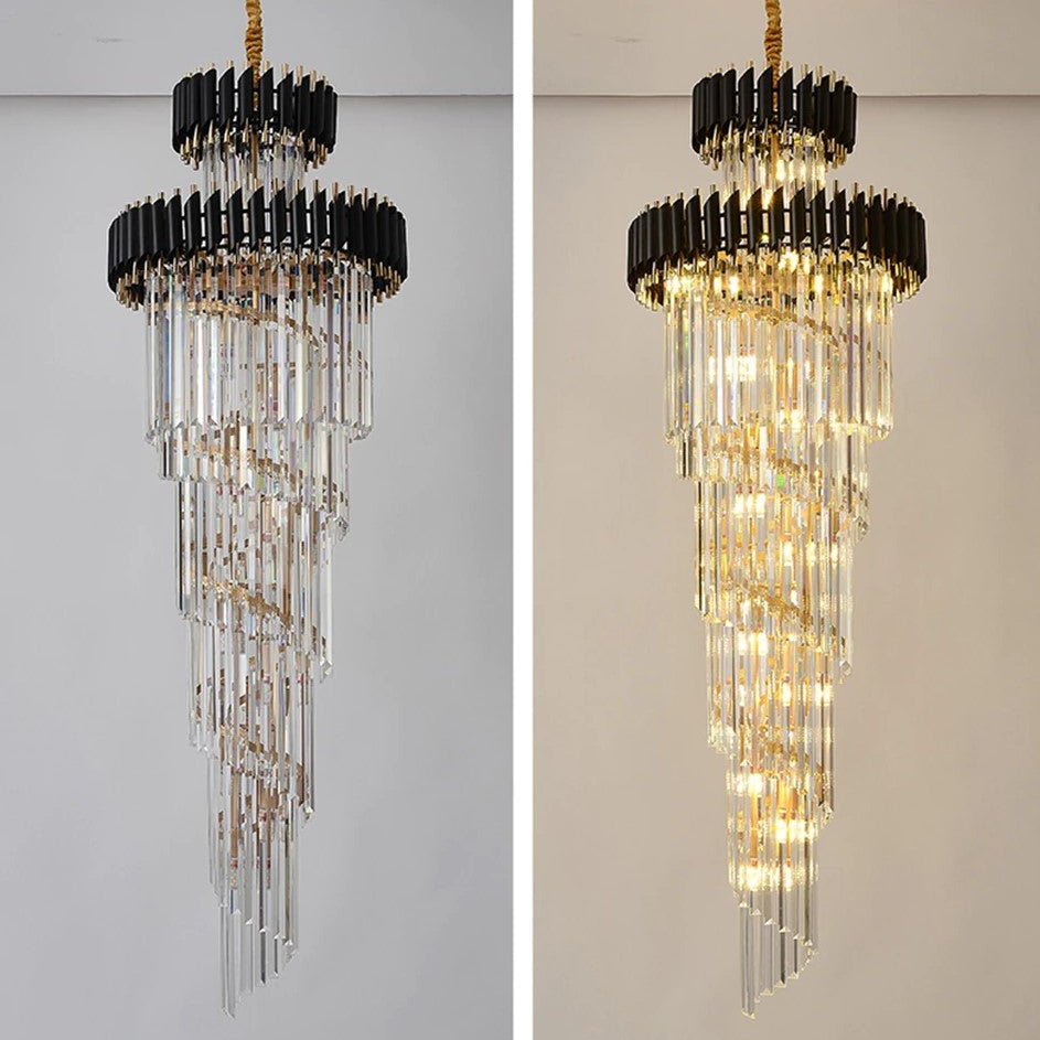Classic Large Multi - layered Spiral Crystal Chandelier for Foyer/ Staircase - D17.7"*H59.1"/12 Lights/16 kgBlackDimmable Warm LightBlushlighting