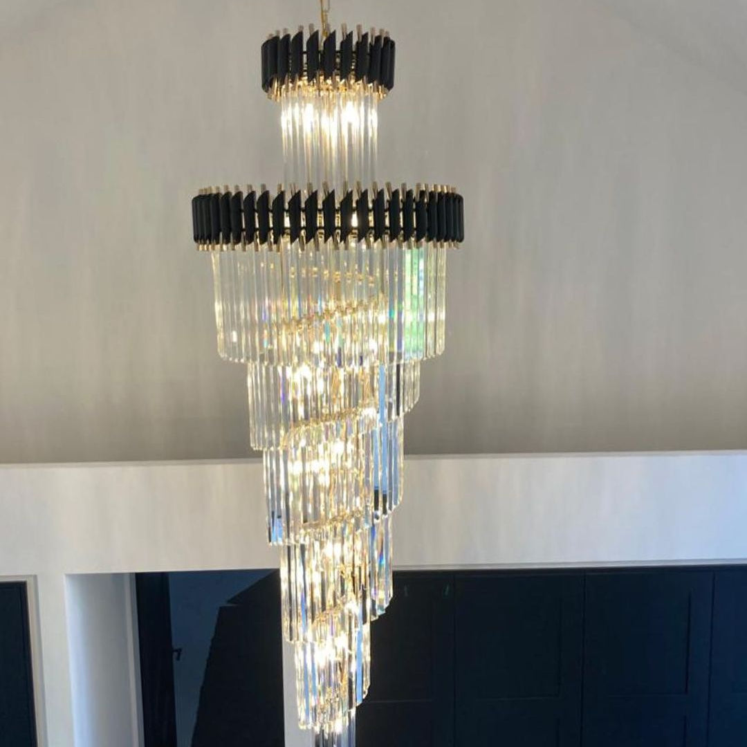 Classic Large Multi - layered Spiral Crystal Chandelier for Foyer/ Staircase - D47.2 "*H196"/58 Lights/172.6 kgBlackWarm LightBlushlighting