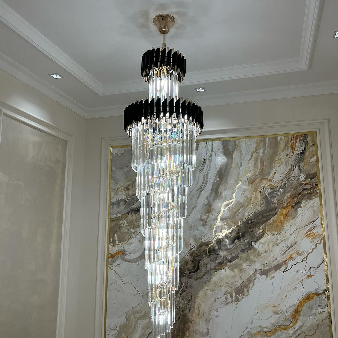 Classic Large Multi - layered Spiral Crystal Chandelier for Foyer/ Staircase - D17.7"*H59.1"/12 Lights/16 kgBlackWhite LightBlushlighting