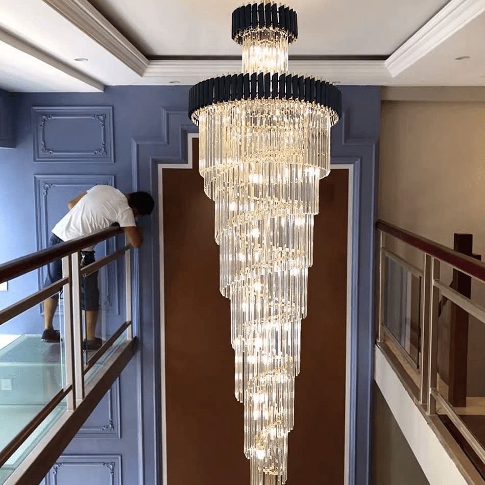 Classic Large Multi - layered Spiral Crystal Chandelier for Foyer/ Staircase - D47.2 "*H196"/58 Lights/172.6 kgBlackWarm LightBlushlighting