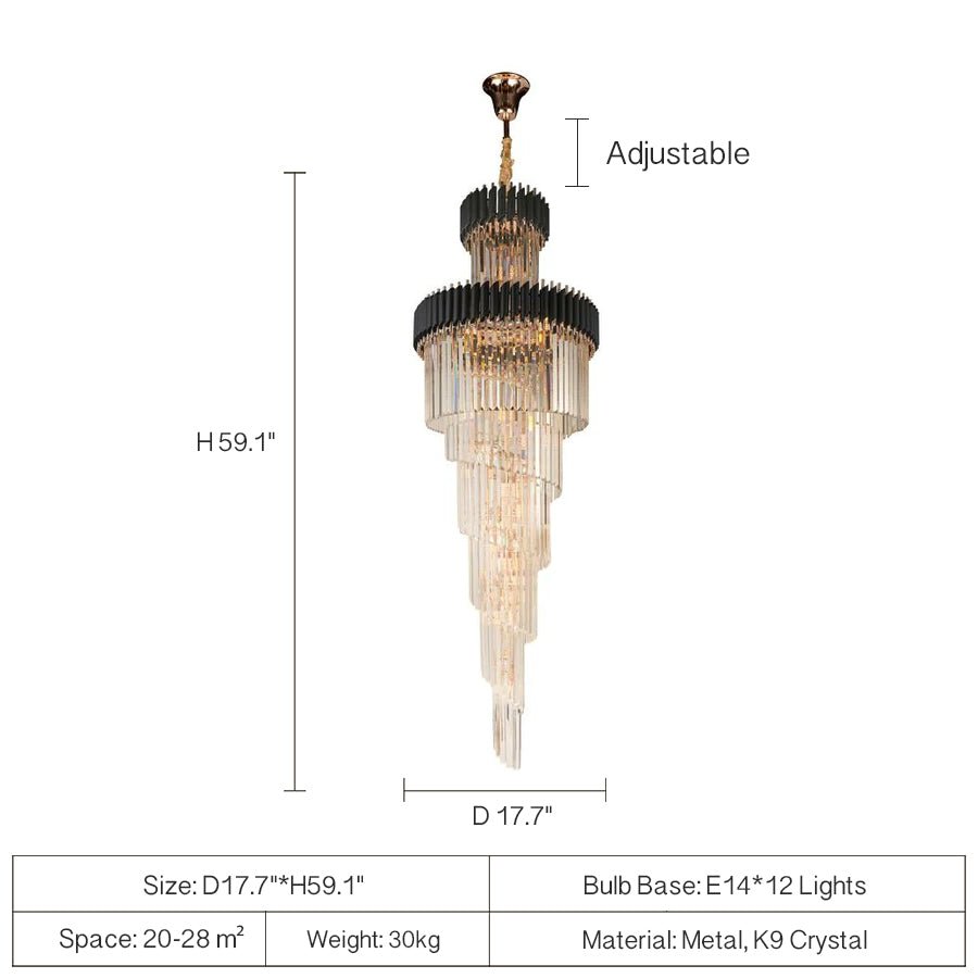 Classic Large Multi - layered Spiral Crystal Chandelier for Foyer/ Staircase - D17.7"*H59.1"/12 Lights/16 kgBlackDimmable Warm LightBlushlighting