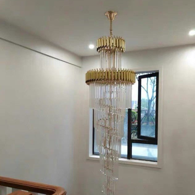 Classic Large Multi - layered Spiral Crystal Chandelier for Foyer/ Staircase - D31.5"*H118"/35 Lights/39 kgBlackWarm LightBlushlighting