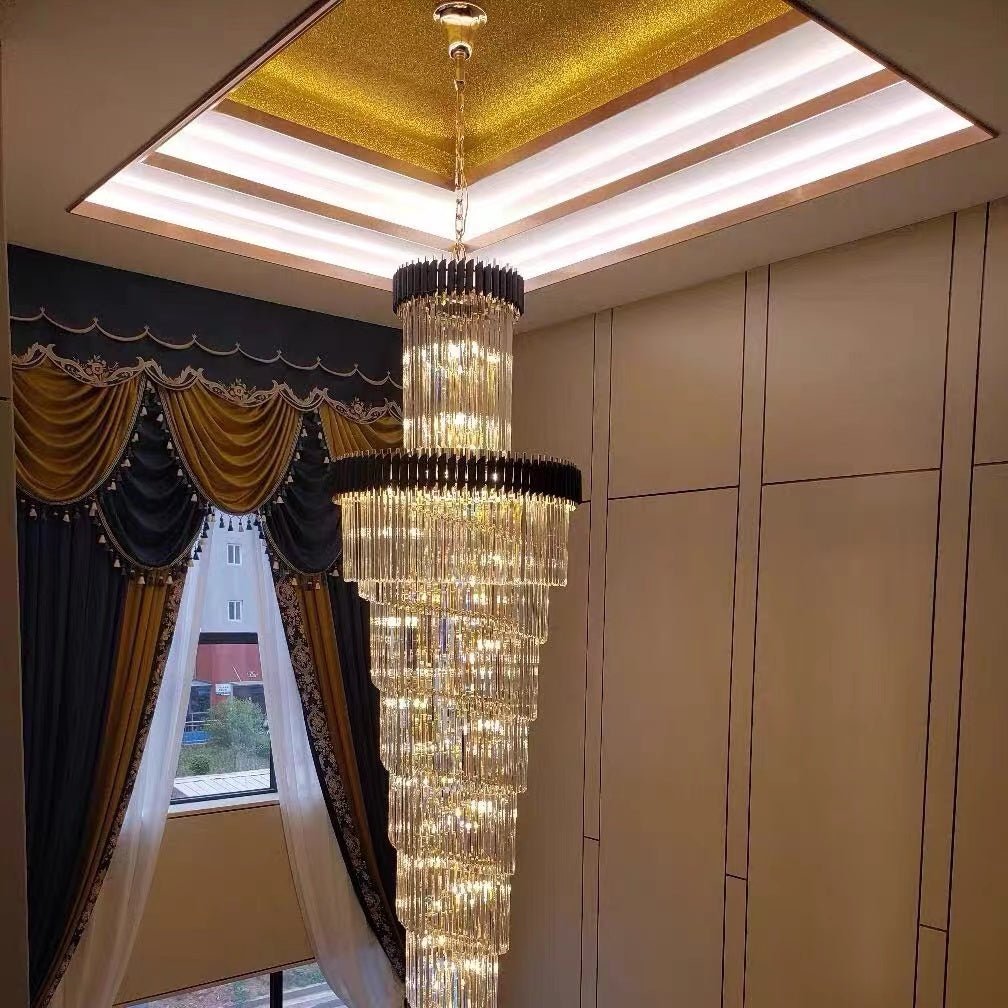 Classic Large Multi - layered Spiral Crystal Chandelier for Foyer/ Staircase - D39.4"*H118"/35 Lights/117.3 kgBlackWarm LightBlushlighting