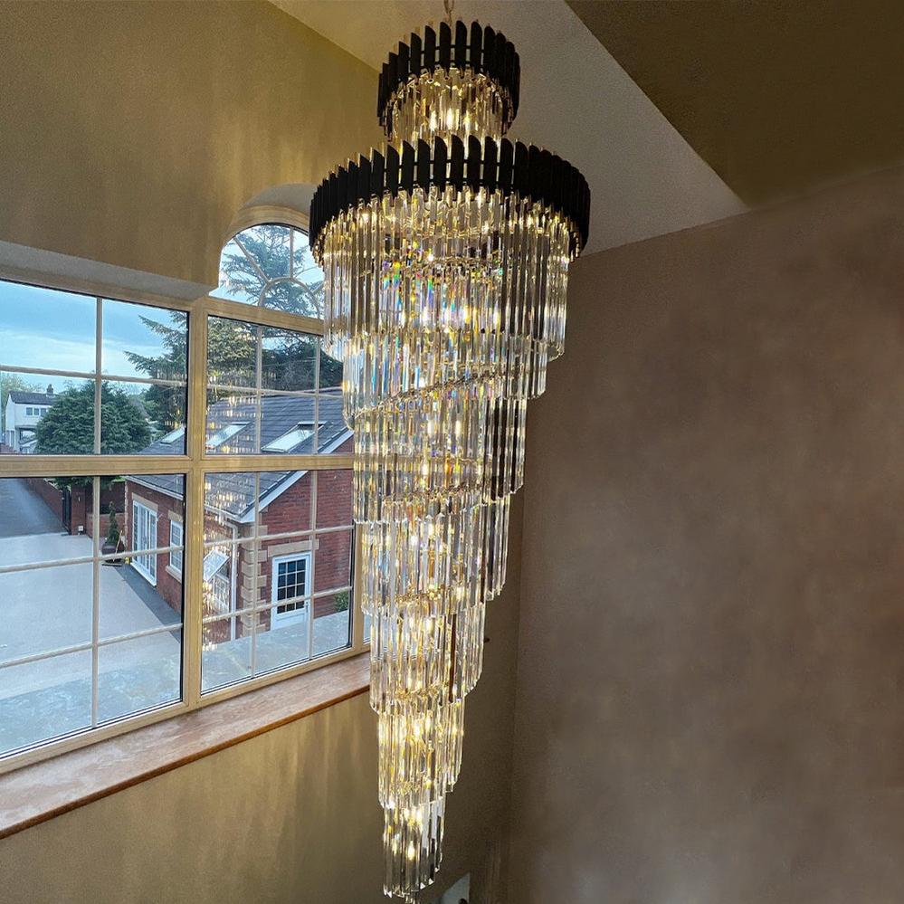 Classic Large Multi - layered Spiral Crystal Chandelier for Foyer/ Staircase - D17.7"*H59.1"/12 Lights/16 kgBlackWarm LightBlushlighting
