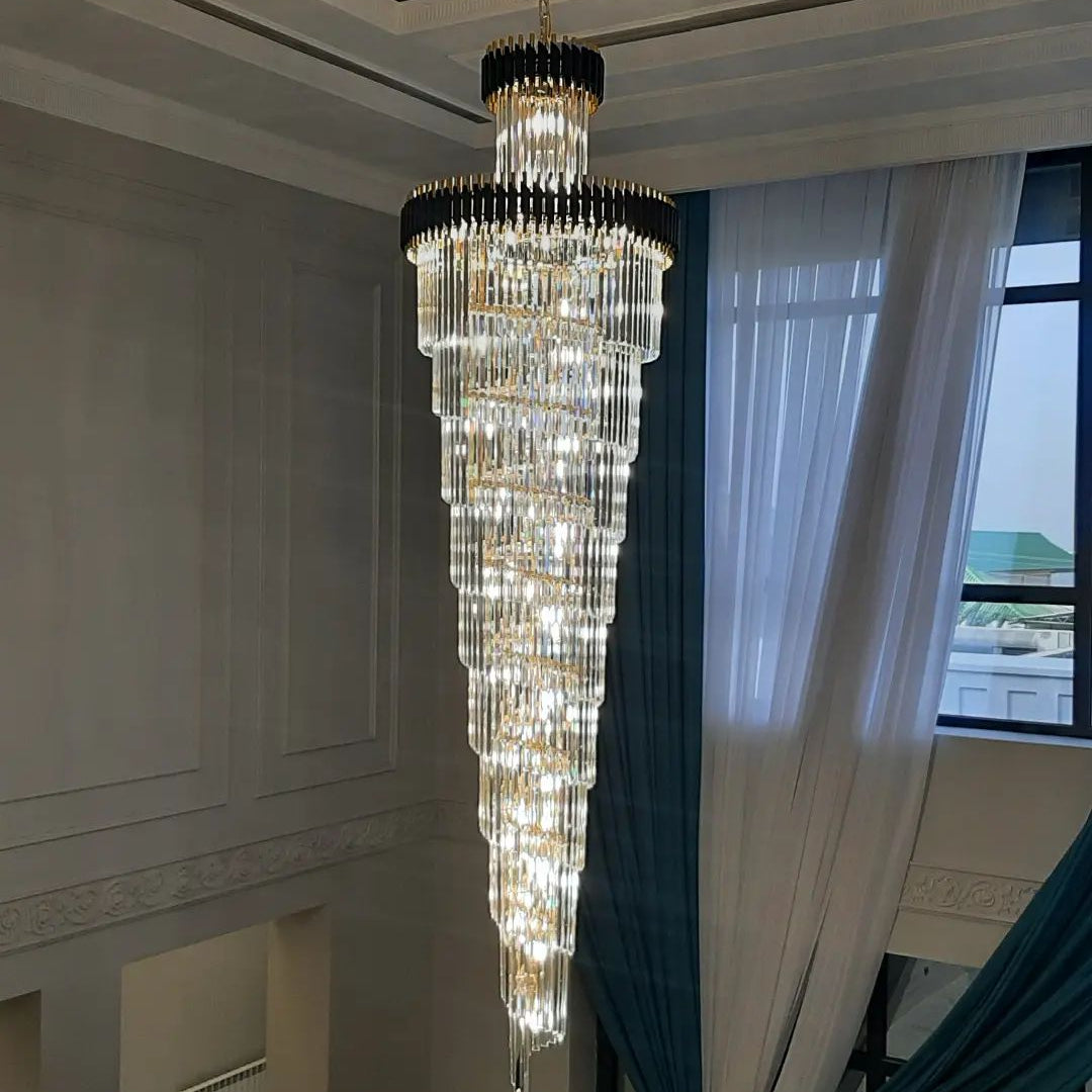 Classic Large Multi - layered Spiral Crystal Chandelier for Foyer/ Staircase - D17.7"*H59.1"/12 Lights/16 kgBlackDimmable White LightBlushlighting