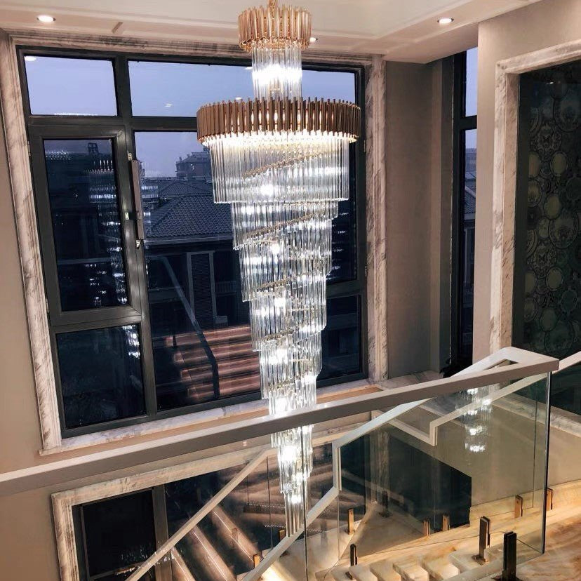 Classic Large Multi - layered Spiral Crystal Chandelier for Foyer/ Staircase - D31.5"*H118"/35 Lights/39 kgBlackWarm LightBlushlighting