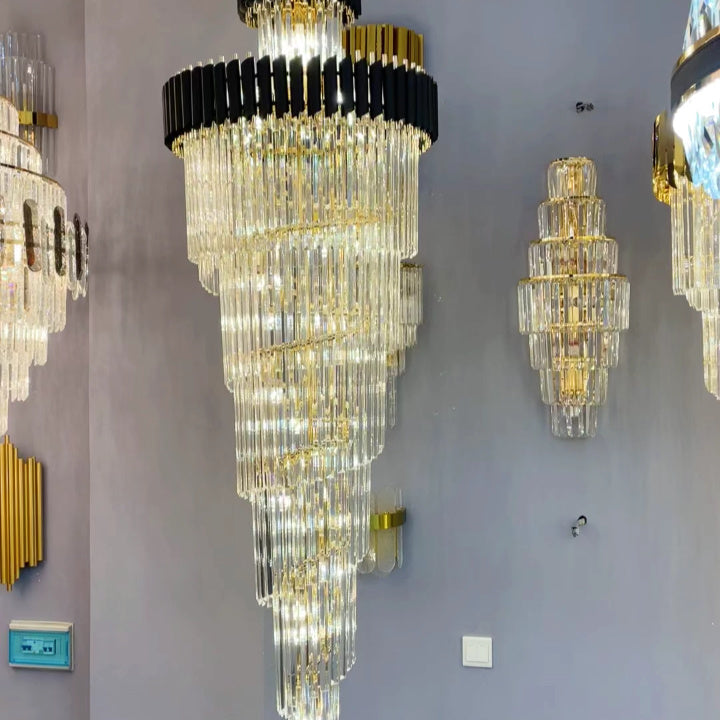 Classic Large Multi-layered Spiral Crystal Chandelier for Foyer/ Staircase-Chandeliers-Merlin Lamps-D31.5"*H118"/35 Lights/39 kg-Black-Warm Light-Blushlighting