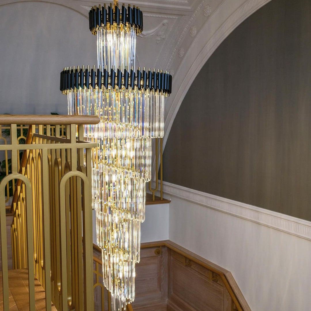 Classic Large Multi-layered Spiral Crystal Chandelier for Foyer/ Staircase-Chandeliers-Merlin Lamps-D17.7"*H59.1"/12 Lights/16 kg-Black-Warm Light-Blushlighting