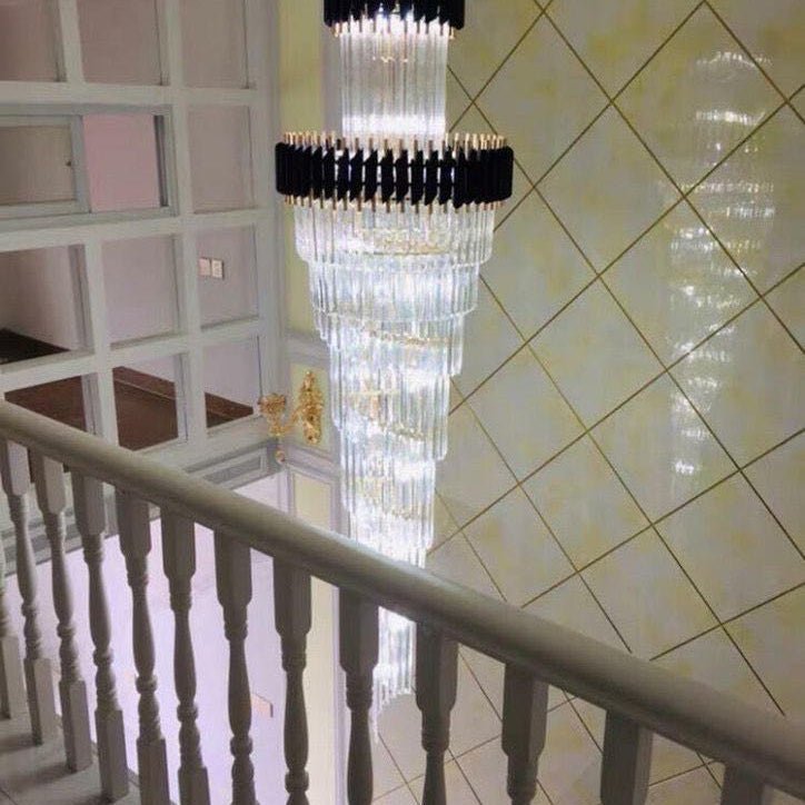 Classic Large Multi-layered Spiral Crystal Chandelier for Foyer/ Staircase-Chandeliers-Merlin Lamps-D17.7"*H59.1"/12 Lights/16 kg-Black-White Light-Blushlighting