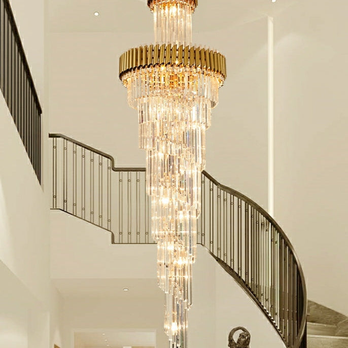 Oversized Customization D39.4"*H157.5" Vertical Long Crystal Shiny Bright Fabulous 2 Story Foyer Hallway Chandelier Spiral Staircase High Ceiling Lighting Fixture In Black/ Gold Finish