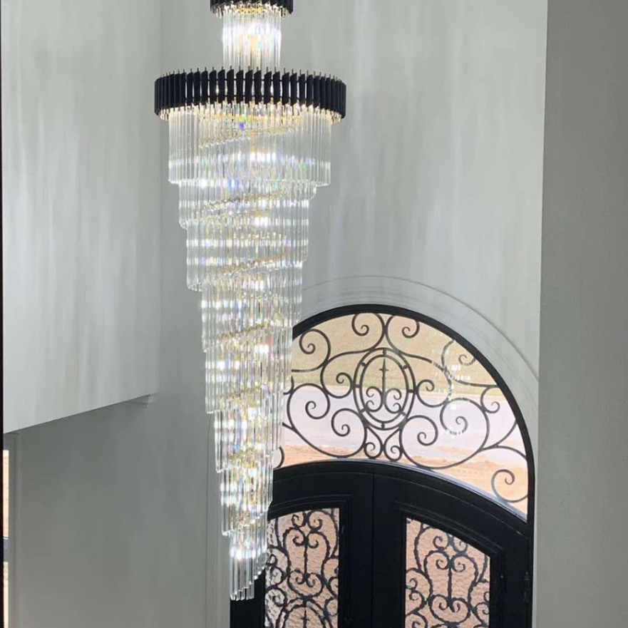 Classic Large Multi-layered Spiral Crystal Chandelier for Foyer/ Staircase-Chandeliers-Merlin Lamps-D17.7"*H59.1"/12 Lights/16 kg-Black-Warm Light-Blushlighting