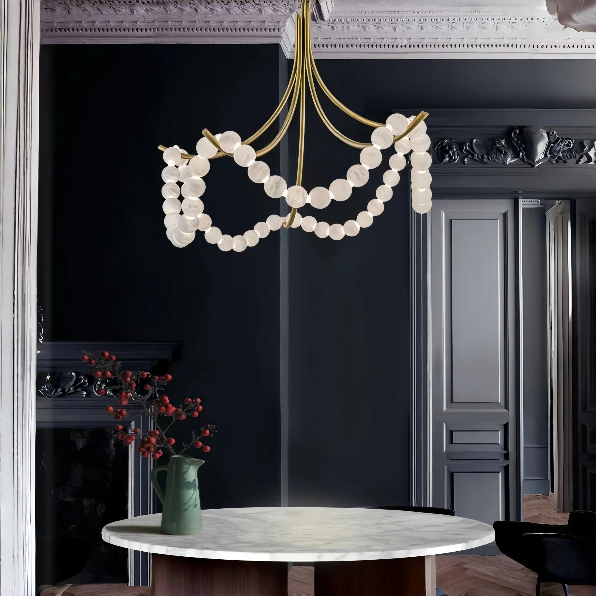 Cluster String Pearl Alabaster Chandelier in Brass & Black Metal Rod - D117*H92CM/D46"*H36"Cool Light (6000K)BlackBlushlighting