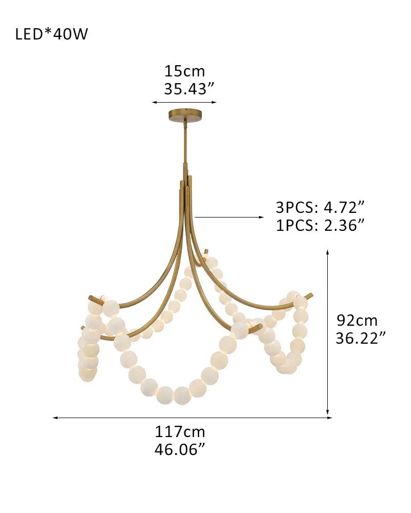 Cluster String Alabaster Beads Semi Flush Chandelier in Brass & Black Metal Rod-American chandelier-Blushlighting-Blushlighting