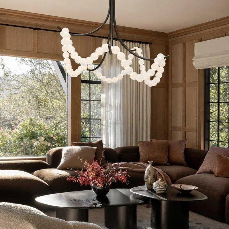 Cluster String Alabaster Beads Semi Flush Chandelier in Brass & Black Metal Rod-American chandelier-Blushlighting-D117*H92CM/D46"*H36"-Cool Light (6000K)-Brass-Blushlighting