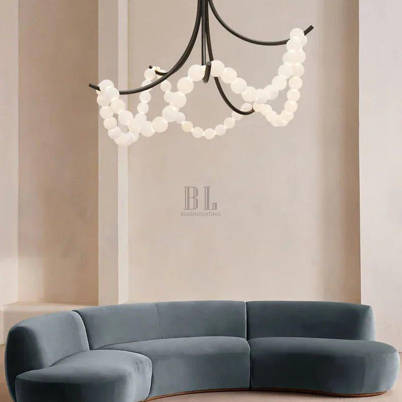 Cluster String Alabaster Beads Semi Flush Chandelier in Brass & Black Metal Rod-American chandelier-Blushlighting-Blushlighting