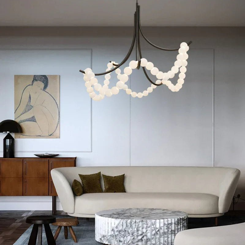 Cluster String Alabaster Beads Semi Flush Chandelier in Brass & Black Metal Rod-American chandelier-Blushlighting-Blushlighting