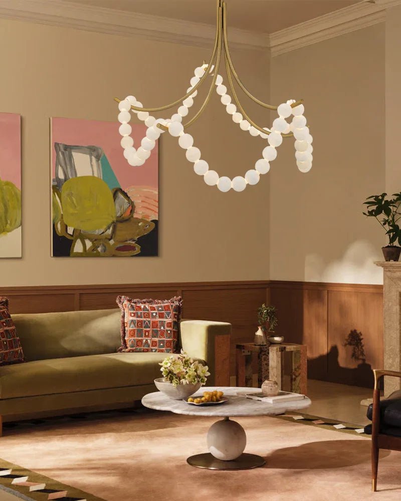 Cluster String Alabaster Beads Semi Flush Chandelier in Brass & Black Metal Rod-American chandelier-Blushlighting-Blushlighting