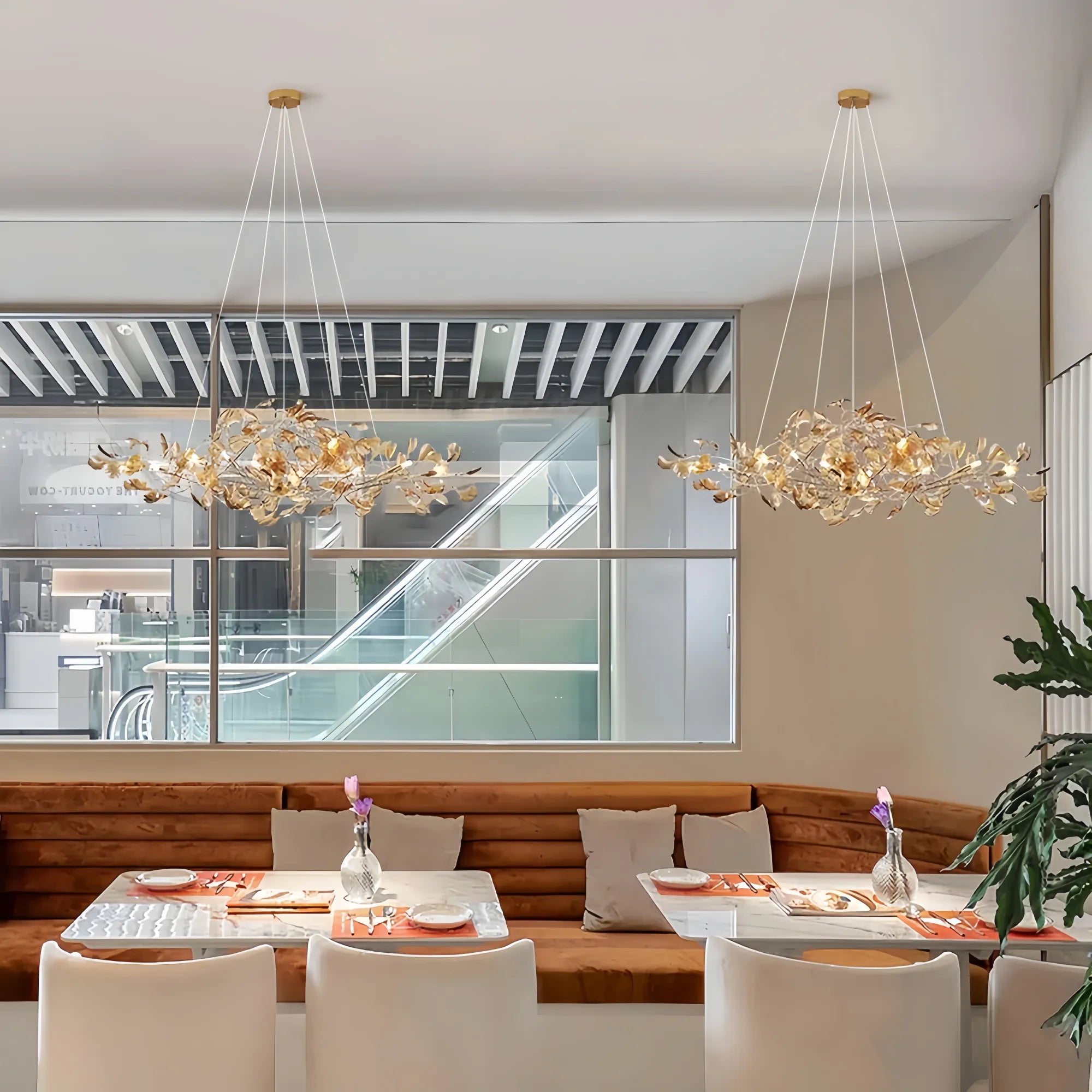 Colorful glass ginkgo leaf chandeliers for modern restaurant interiors