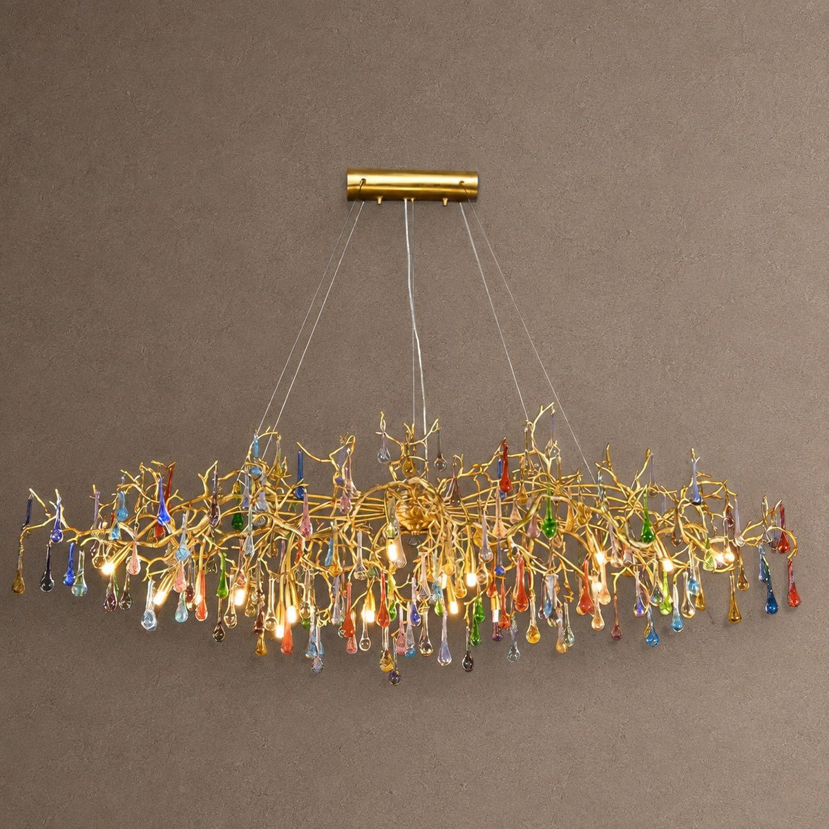 Colorful Raindrop Brass Branch Chandelier with Crystal Accents - ∅ 39.4″ x W 21.7″ x H 25.6″Brass & ColorfulBlushlighting