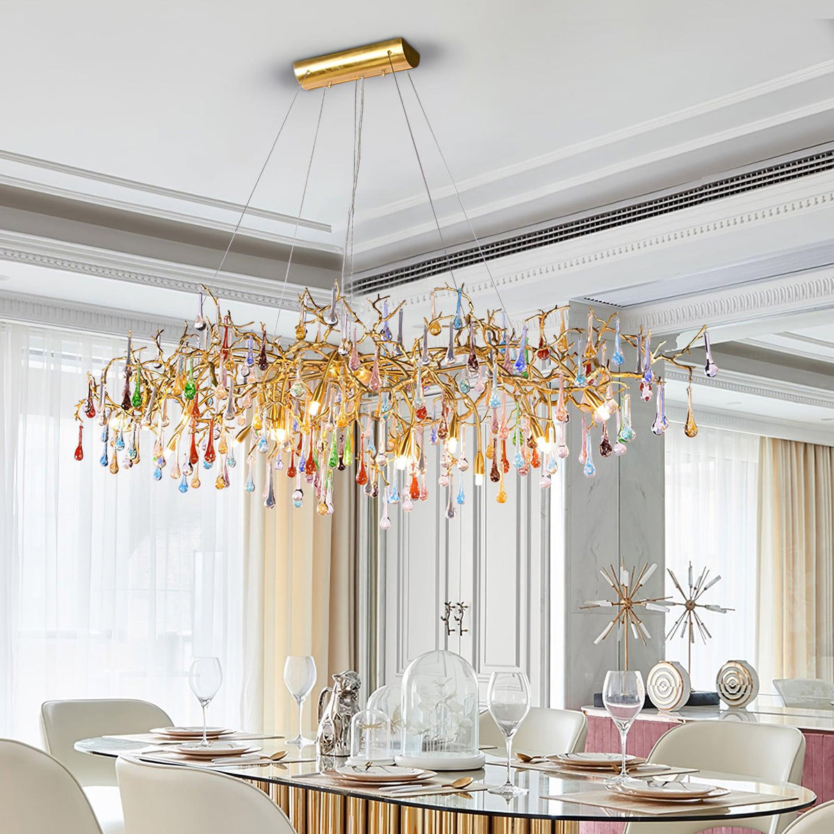 Colorful Raindrop Brass Branch Chandelier with Crystal Accents - ∅ 39.4″ x W 21.7″ x H 25.6″Brass & ColorfulBlushlighting