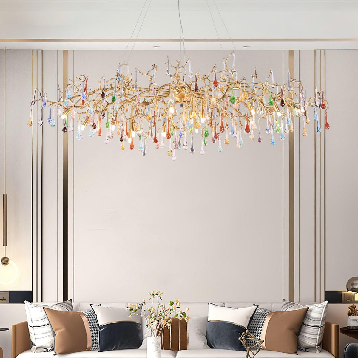 Colorful Raindrop Brass Branch Chandelier with Crystal Accents - ∅ 39.4″ x W 21.7″ x H 25.6″Brass & ColorfulBlushlighting