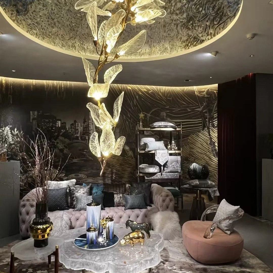Creative Bionic Resin Leaves Chandelier for Living Room/Dining Room/Staircase - Linear/L47.2"*H19.7"Warm LightBlushlighting