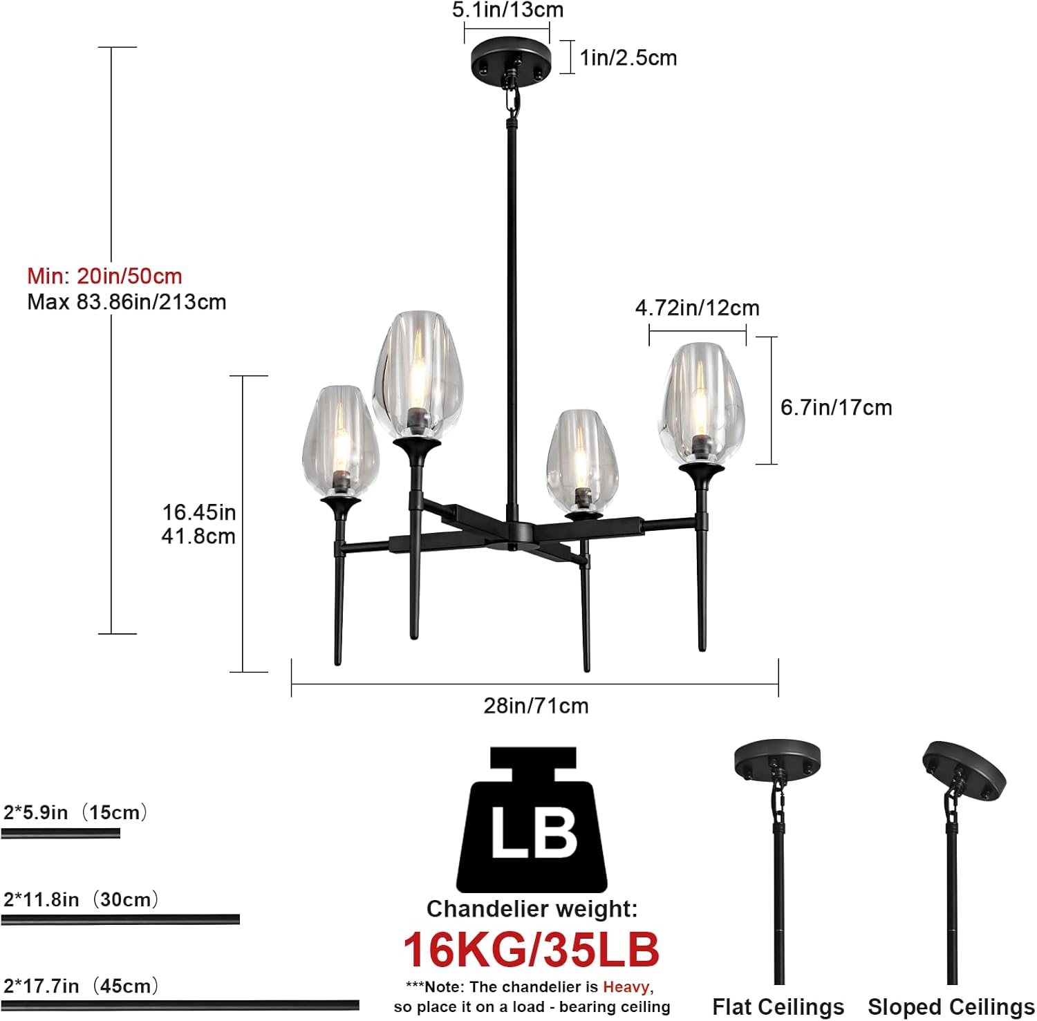 Crystal Black Adjustable 28" Tulip Pendant Chandelier with 4 Lights - Black - 27in - 4LightsBlushlighting
