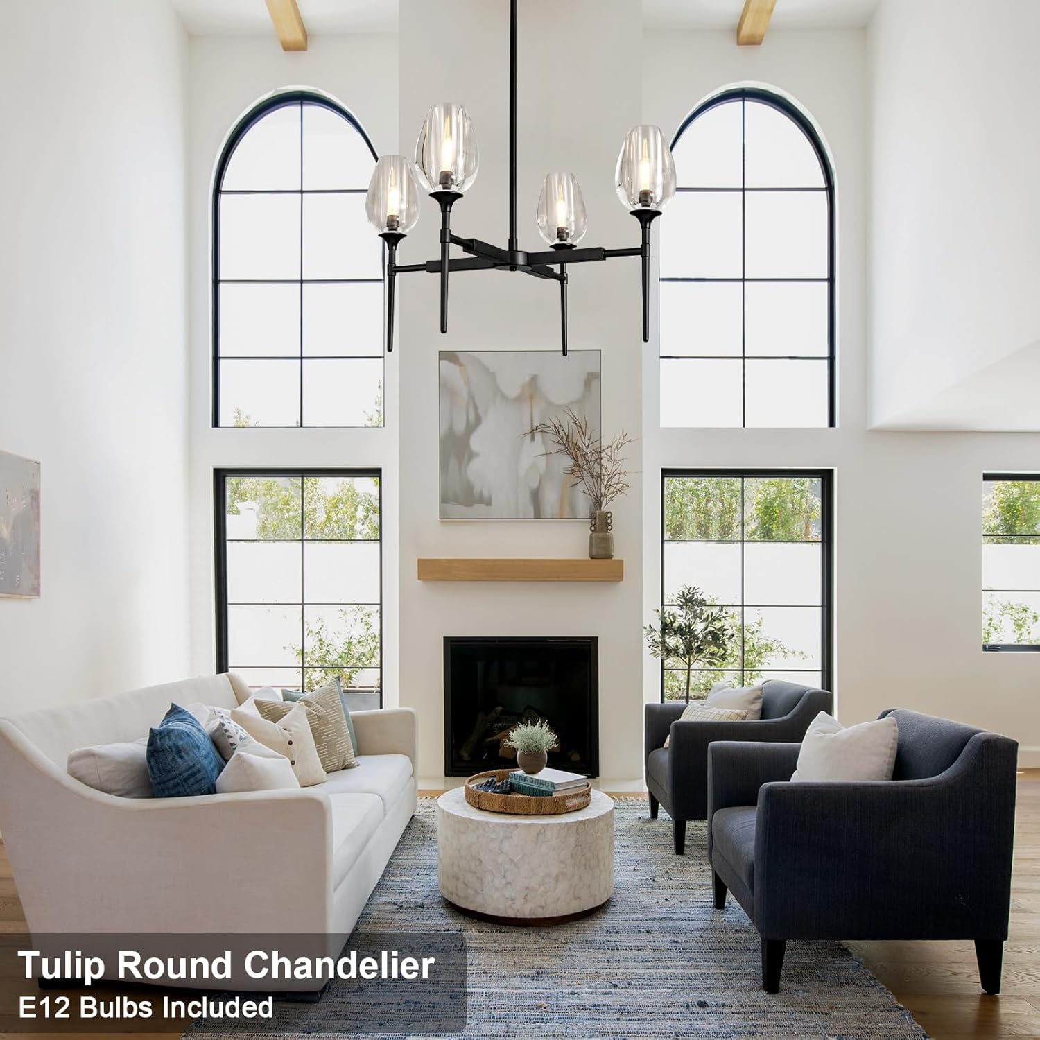 Crystal Black Adjustable 28" Tulip Pendant Chandelier with 4 Lights