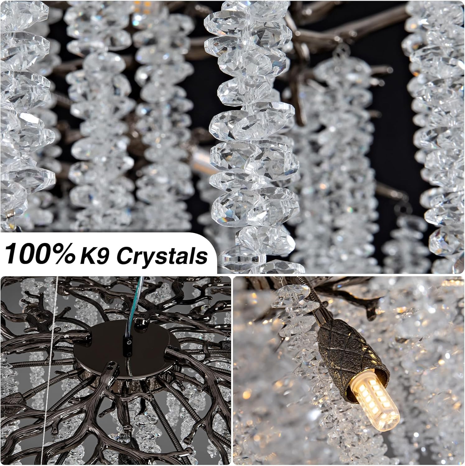 Crystal Chandelier for Dining Room – Modern Black Round Tree Branch Design - Blushlighting