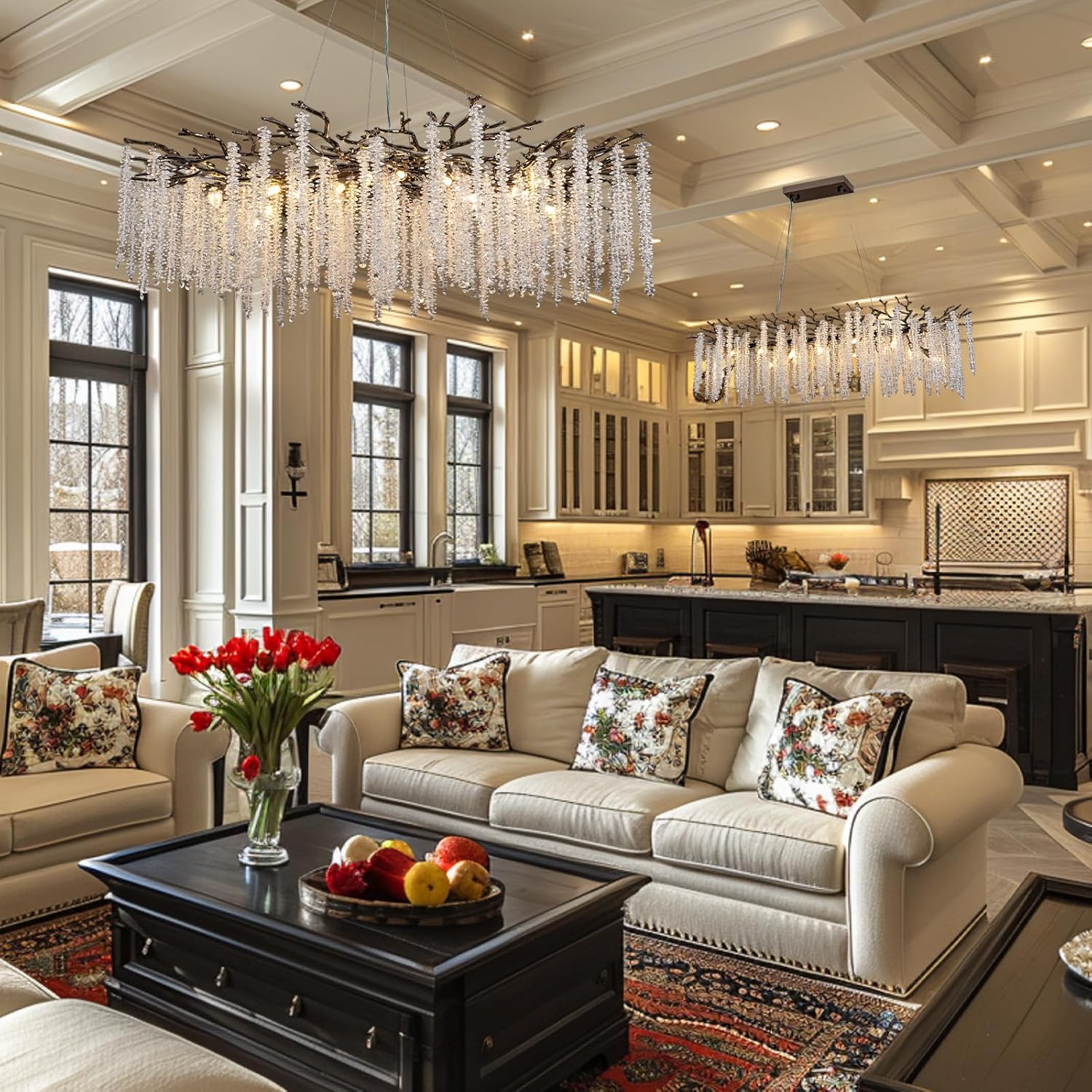 Crystal Chandelier for Dining Room – Modern Black Round Tree Branch Design - Blushlighting