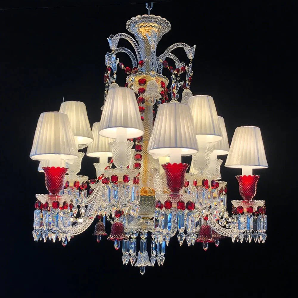 Custom Made Lustre 12 Lights Clear & Red Crystal Chandelier in Gold - Blushlighting