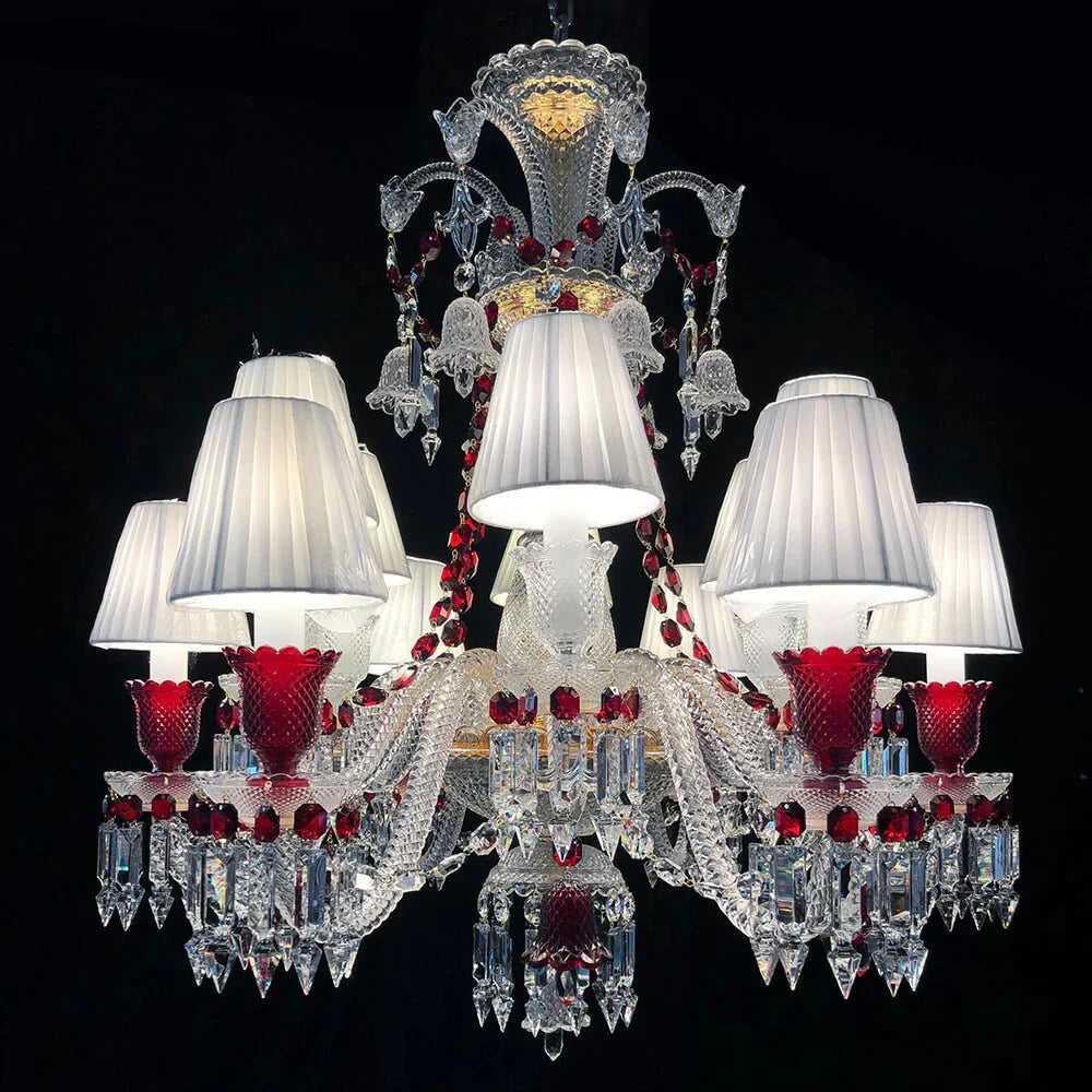 Custom Made Lustre 12 Lights Clear & Red Crystal Chandelier in Gold - Blushlighting