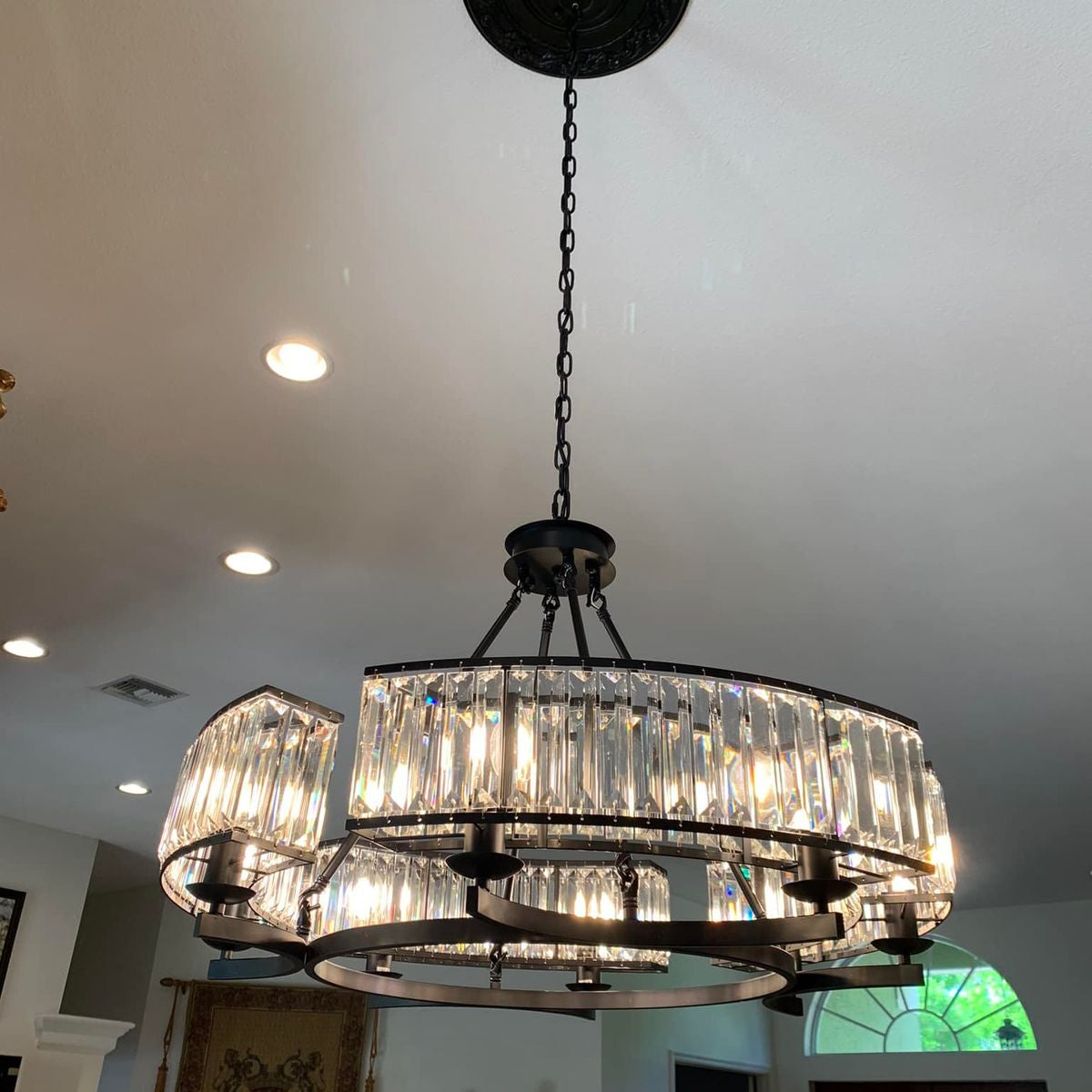 Decorative 6/ 8/ 10/ 12 - Light Crystal Ceiling Chandelier Triangular Prism Island Light Fixture Metal Shade for Living Room - 8 Lights/ D31.5"*H20.1"/24.3kgBlackWarm LightBlushlighting