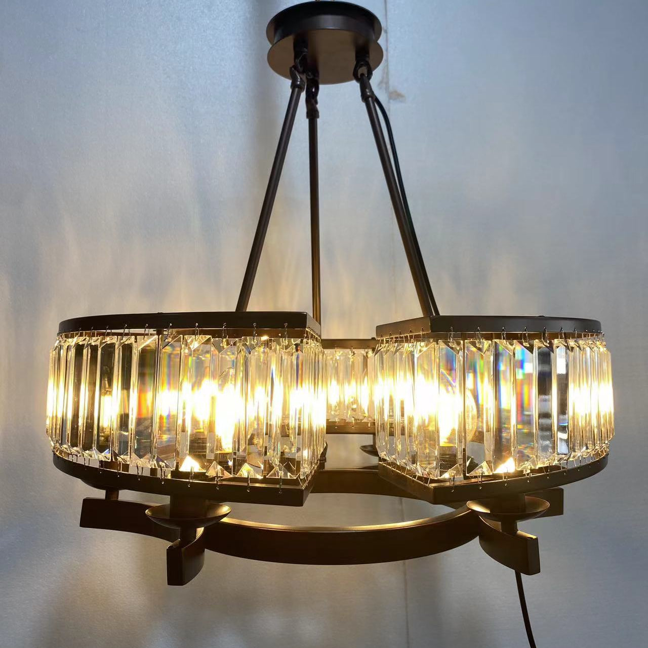 Decorative 6/ 8/ 10/ 12 - Light Crystal Ceiling Chandelier Triangular Prism Island Light Fixture Metal Shade for Living Room - 2 Layers/ 12+6 Lights/ D41.3"*H29.5"/37kgGoldWarm LightBlushlighting