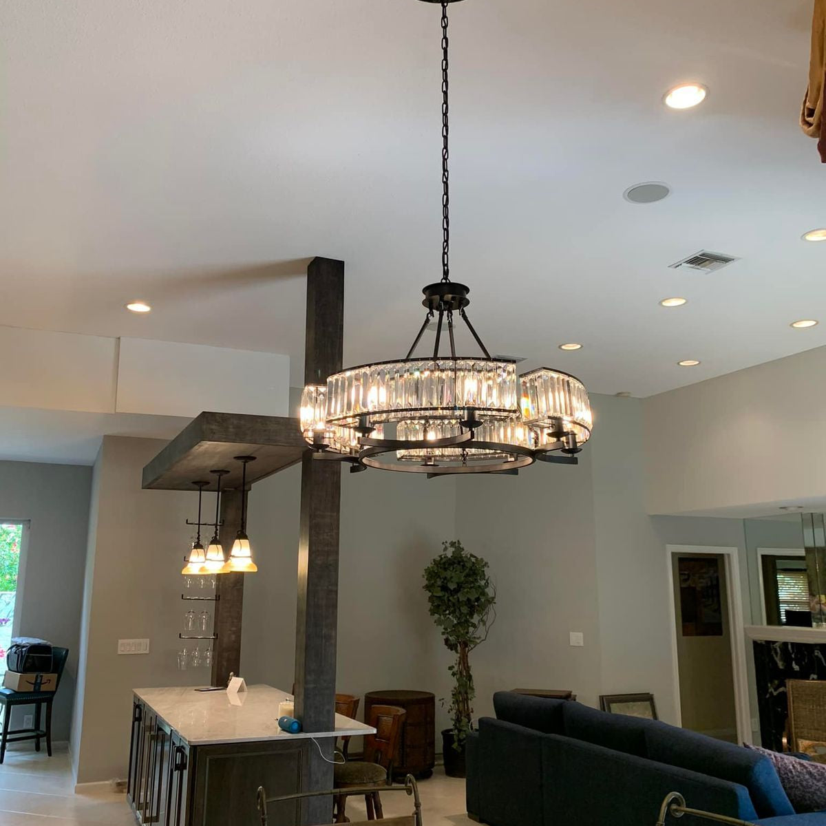 Decorative 6/ 8/ 10/ 12 - Light Crystal Ceiling Chandelier Triangular Prism Island Light Fixture Metal Shade for Living Room - 8 Lights/ D31.5"*H20.1"/24.3kgBlackWarm LightBlushlighting