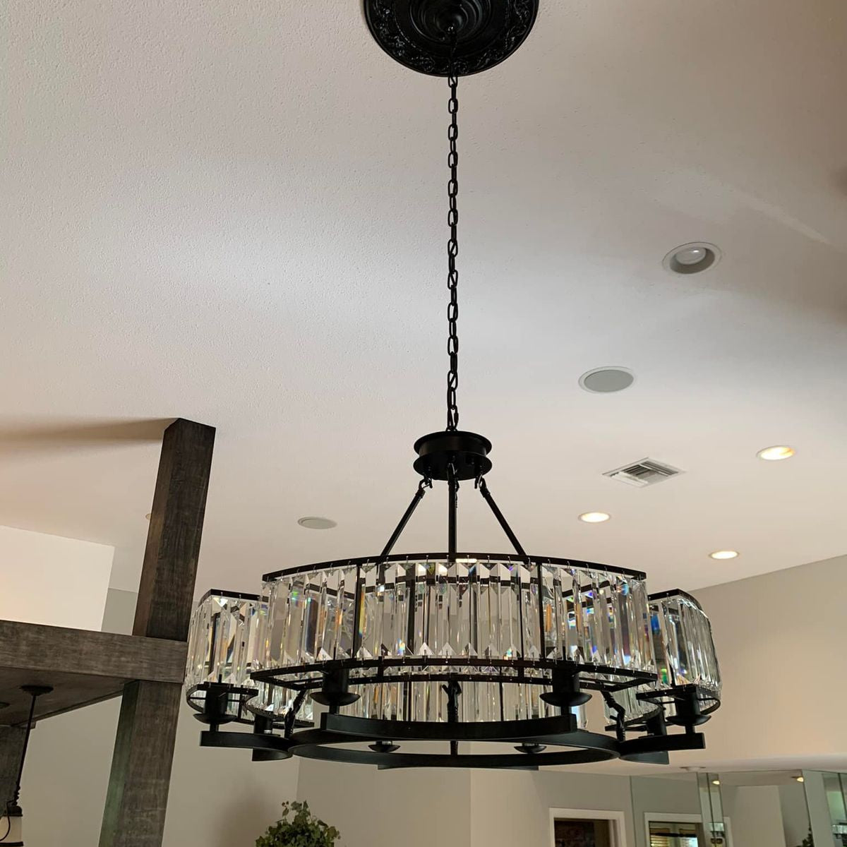 Decorative 6/ 8/ 10/ 12 - Light Crystal Ceiling Chandelier Triangular Prism Island Light Fixture Metal Shade for Living Room - 8 Lights/ D31.5"*H20.1"/24.3kgBlackWarm LightBlushlighting