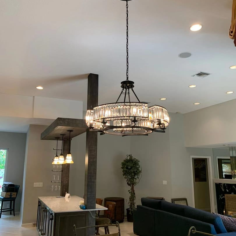Decorative 6/ 8/ 10/ 12 - Light Crystal Ceiling Chandelier Triangular Prism Island Light Fixture Metal Shade for Living Room - 8 Lights/ D31.5"*H20.1"/24.3kgBlackWarm LightBlushlighting