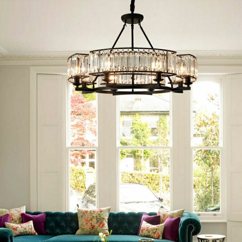 Decorative 6/ 8/ 10/ 12 - Light Crystal Ceiling Chandelier Triangular Prism Island Light Fixture Metal Shade for Living Room - 8 Lights/ D31.5"*H20.1"/24.3kgBlackWarm LightBlushlighting