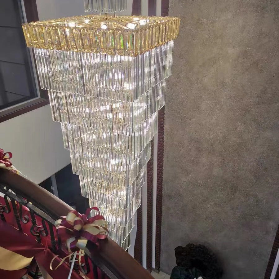 Decorative Large Vertical Crystal Staircase Chandelier Foyer Ceiling Light Fixture Lamp In Gray/ Amber Brim - L15.8"*W15.8"*H55.1"Smoky GrayWarm LightBlushlighting