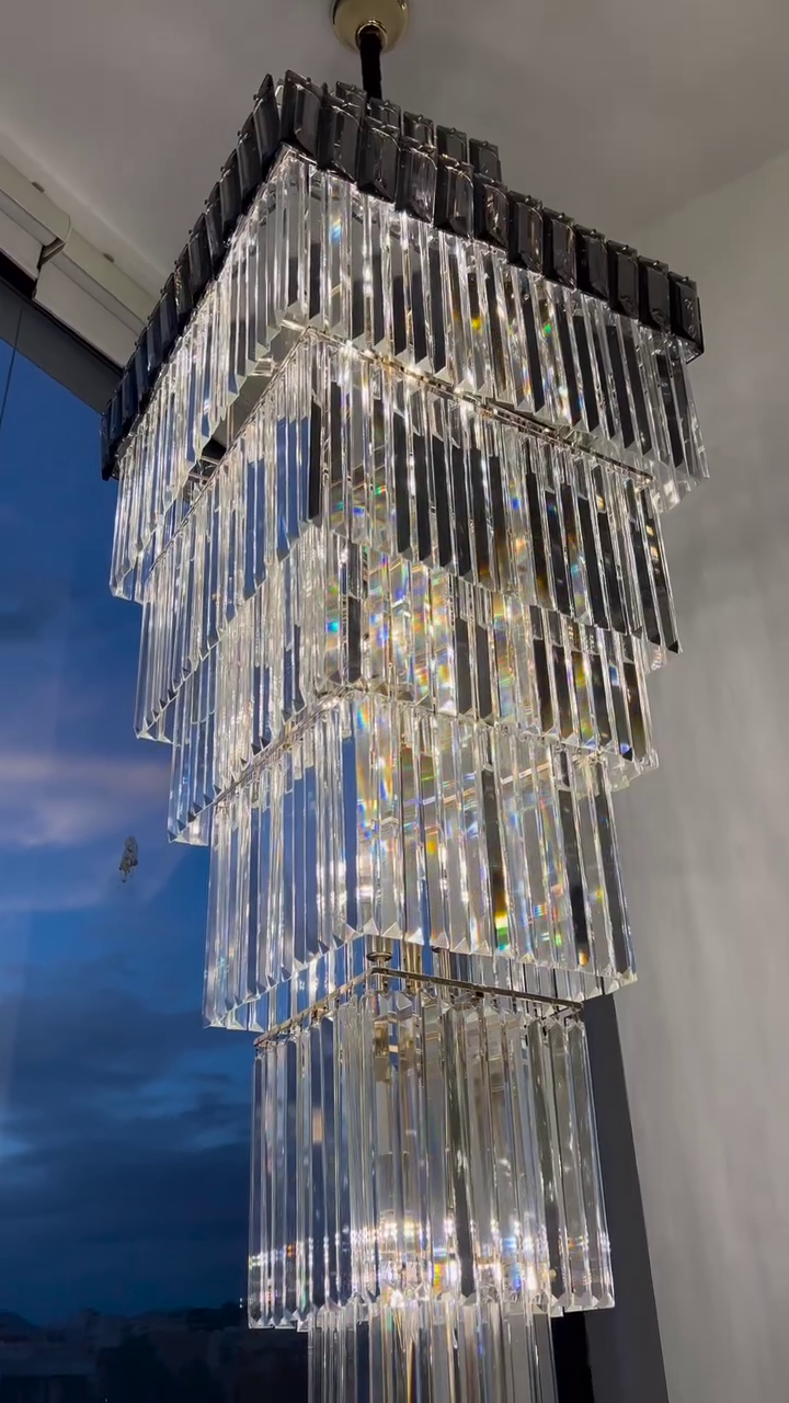 Decorative Large Vertical Crystal Staircase Chandelier Foyer Ceiling Light Fixture Lamp In Gray/ Amber Brim - L15.8"*W15.8"*H55.1"Smoky GrayWarm LightBlushlighting