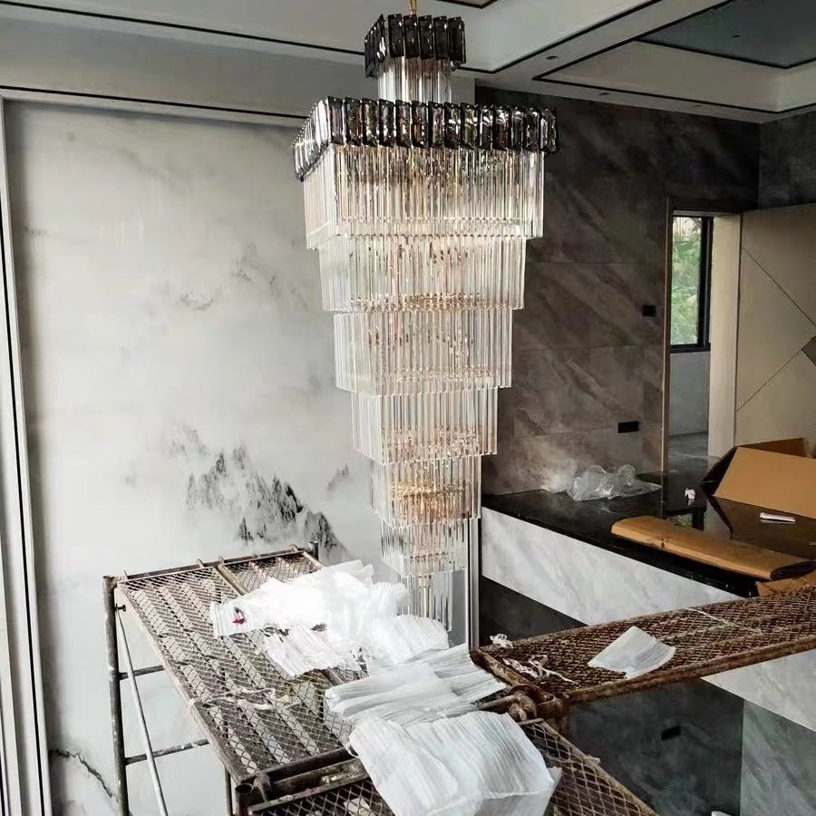 Decorative Large Vertical Crystal Staircase Chandelier Foyer Ceiling Light Fixture Lamp In Gray/ Amber Brim - L15.8"*W15.8"*H55.1"Smoky GrayWarm LightBlushlighting