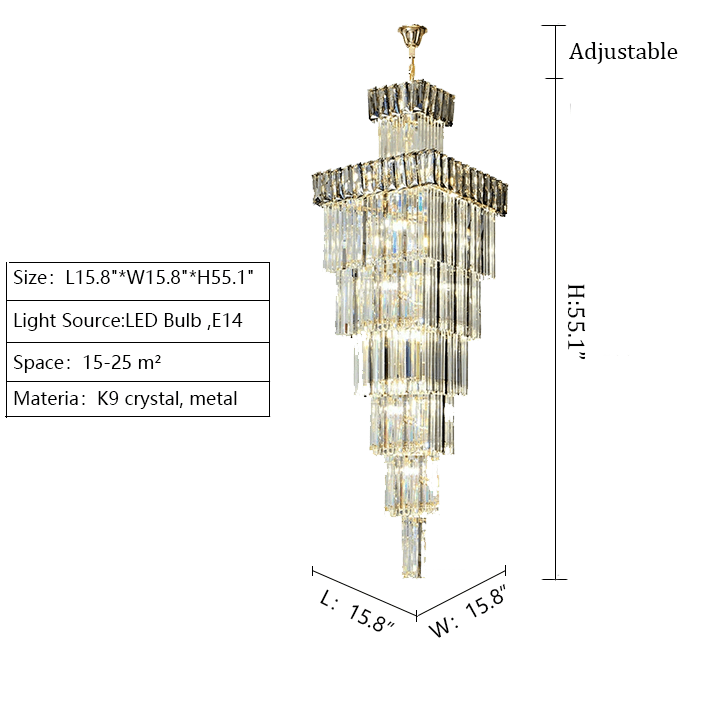Decorative Large Vertical Crystal Staircase Chandelier Foyer Ceiling Light Fixture Lamp In Gray/ Amber Brim - L15.8"*W15.8"*H55.1"Smoky GrayWarm LightBlushlighting