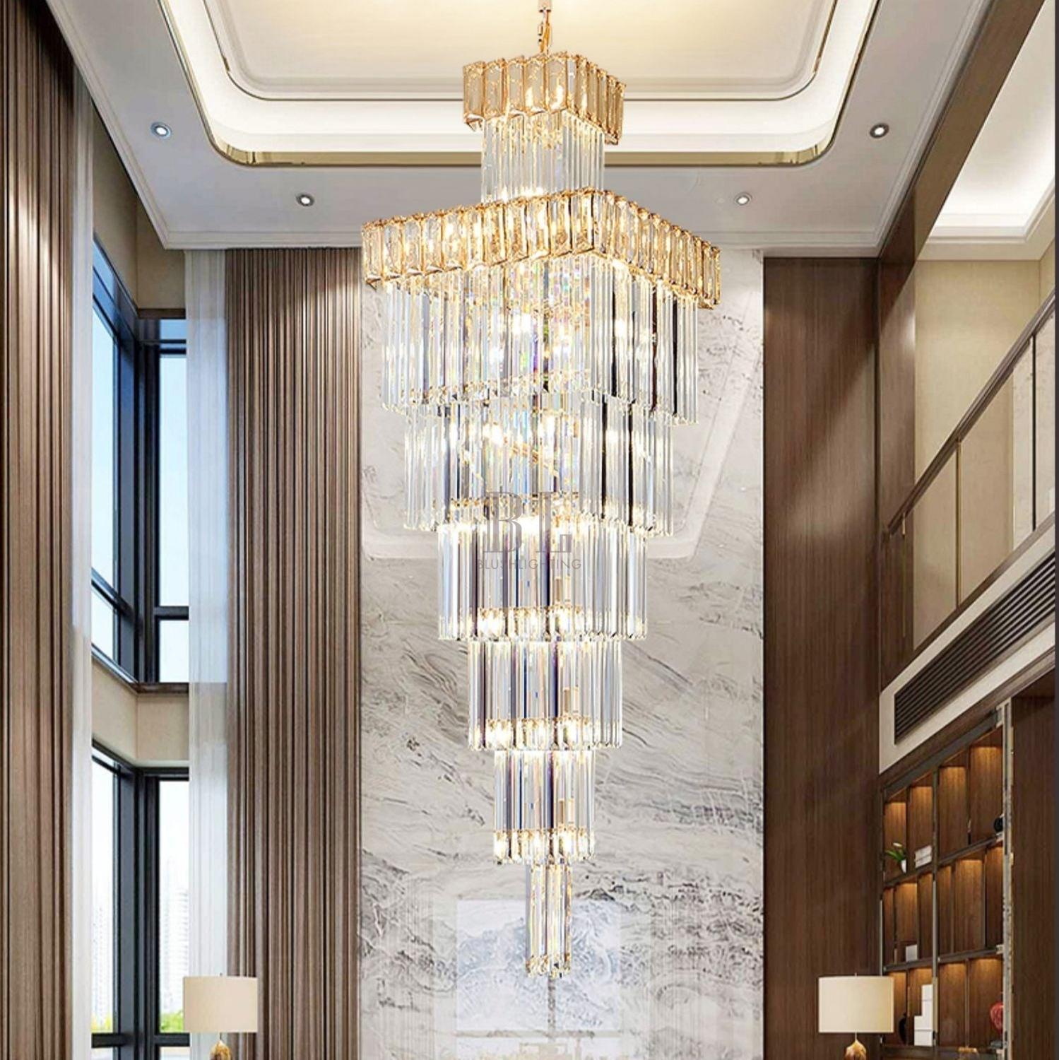 Decorative Large Vertical Crystal Staircase Chandelier Foyer Ceiling Light Fixture Lamp In Gray/ Amber Brim - L15.8"*W15.8"*H55.1"Smoky GrayWarm LightBlushlighting
