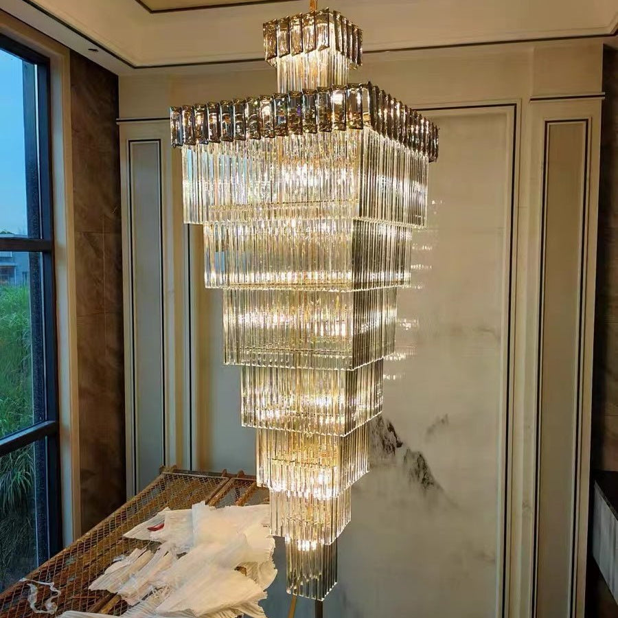 Decorative Large Vertical Crystal Staircase Chandelier Foyer Ceiling Light Fixture Lamp In Gray/ Amber Brim - L15.8"*W15.8"*H55.1"Smoky GrayWarm LightBlushlighting