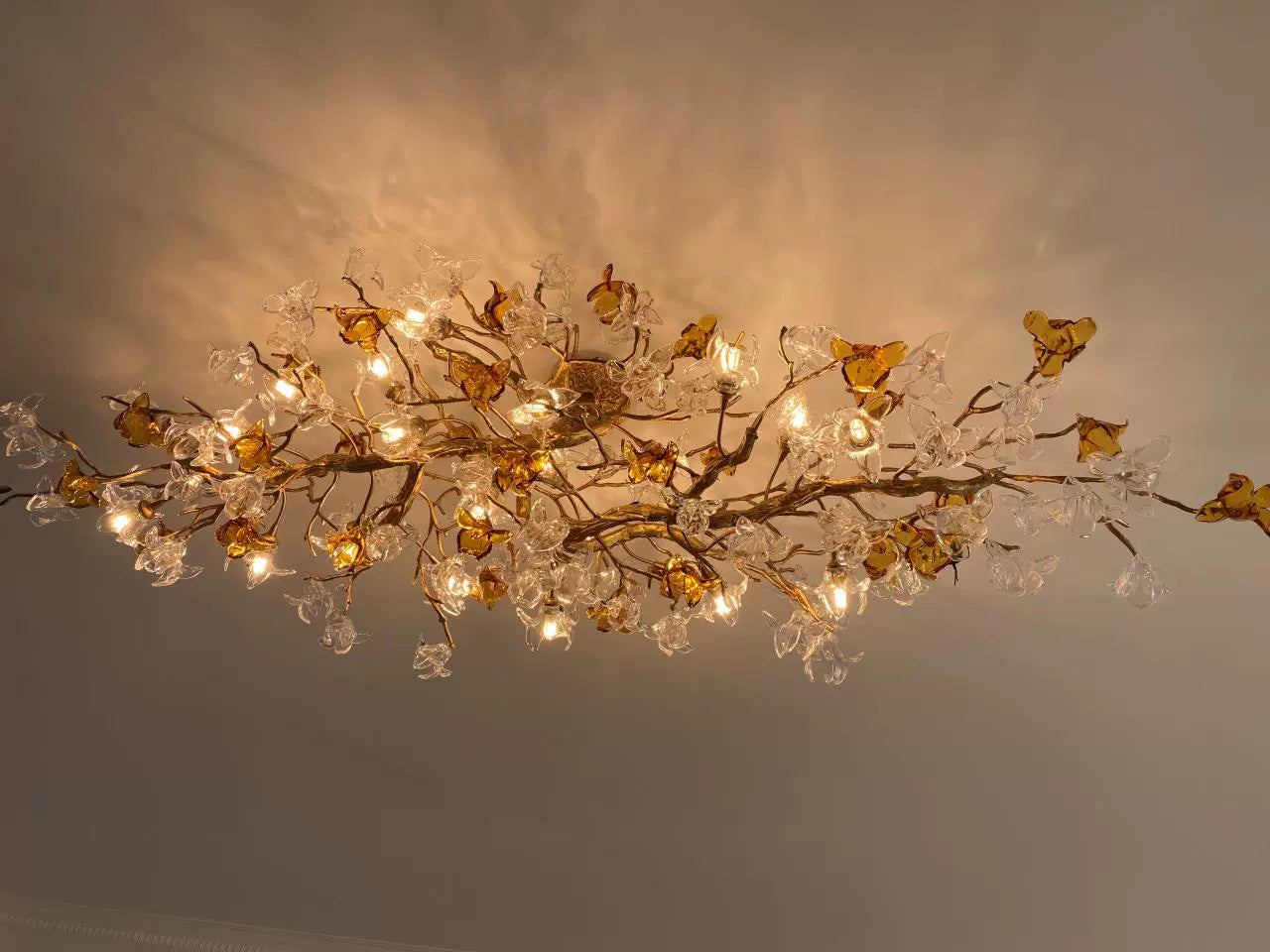 Designer Favorite Brass Branch Chandelier with Artistic Flower Glass for Dining Room Living Room and Kitchen Island-Chandeliers-Blushlighting