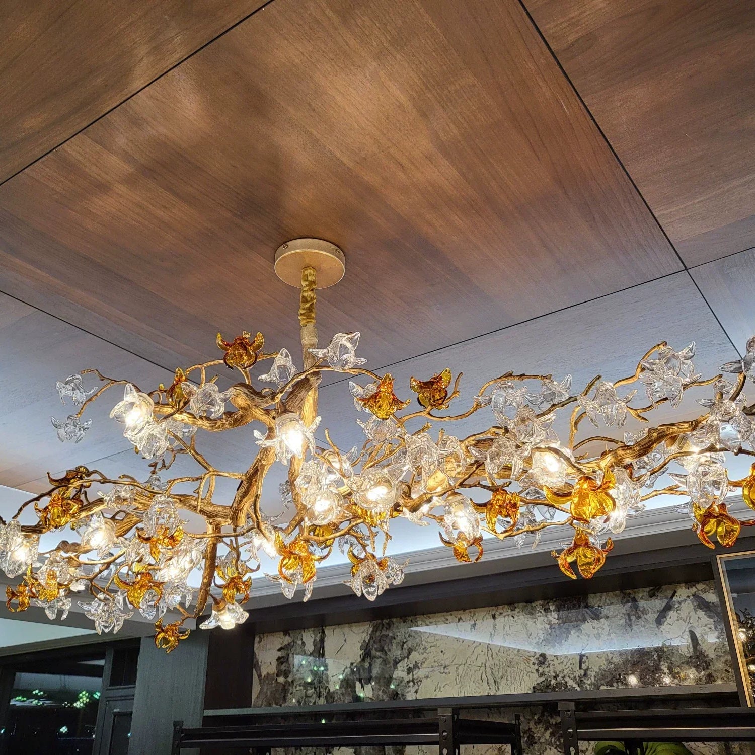 Designer Favorite Brass Branch Chandelier with Artistic Flower Glass for Dining Room Living Room and Kitchen Island-Chandeliers-Blushlighting