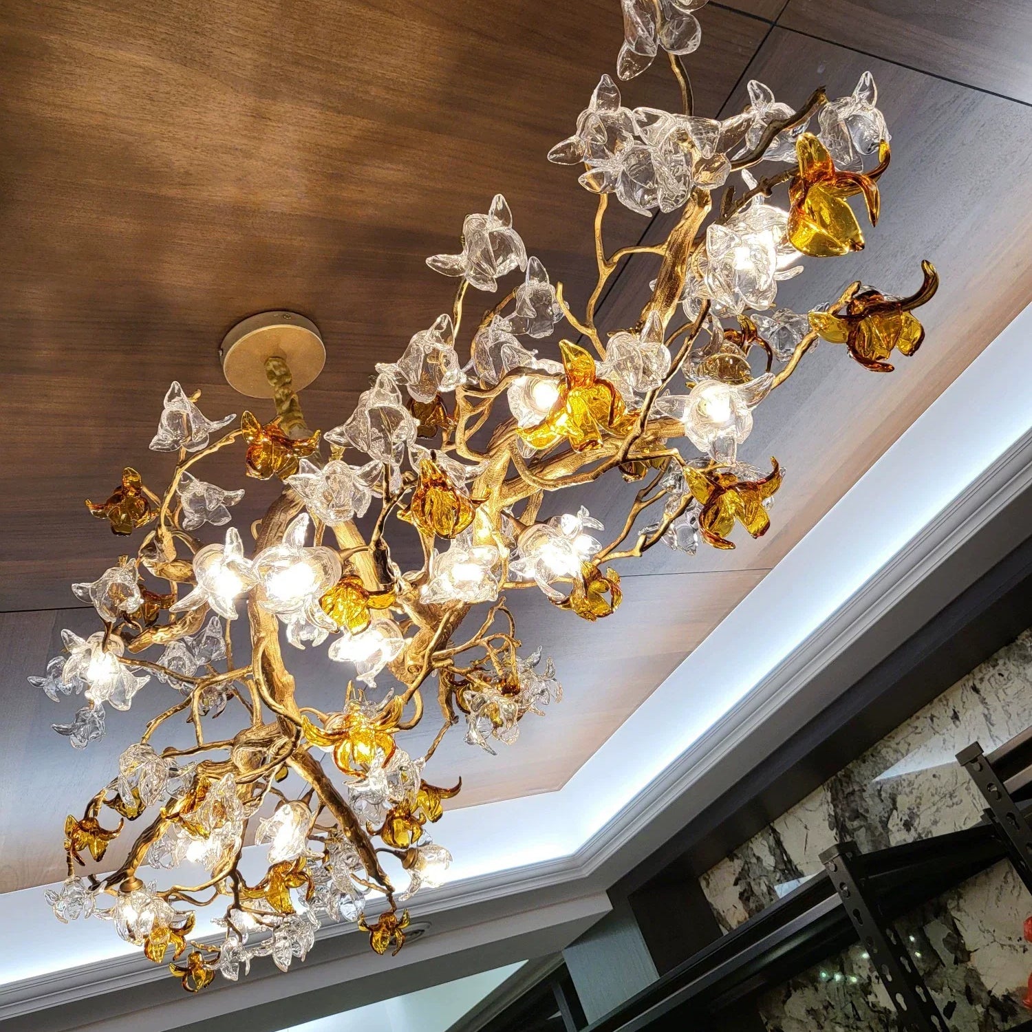 Designer Favorite Brass Branch Chandelier with Artistic Flower Glass for Dining Room Living Room and Kitchen Island-Chandeliers-Blushlighting