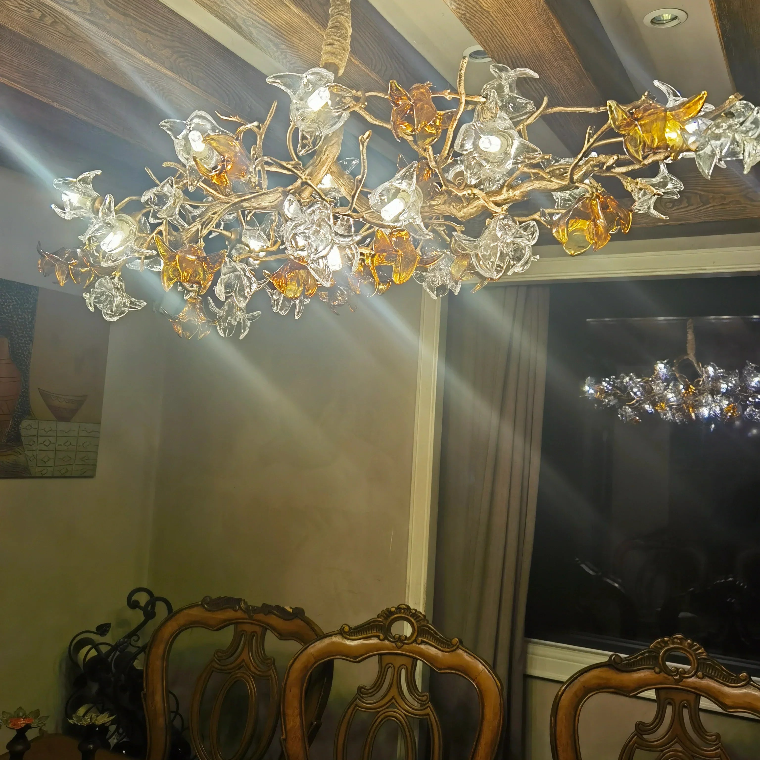 Designer Favorite Brass Branch Chandelier with Artistic Flower Glass for Dining Room Living Room and Kitchen Island-Chandeliers-Blushlighting