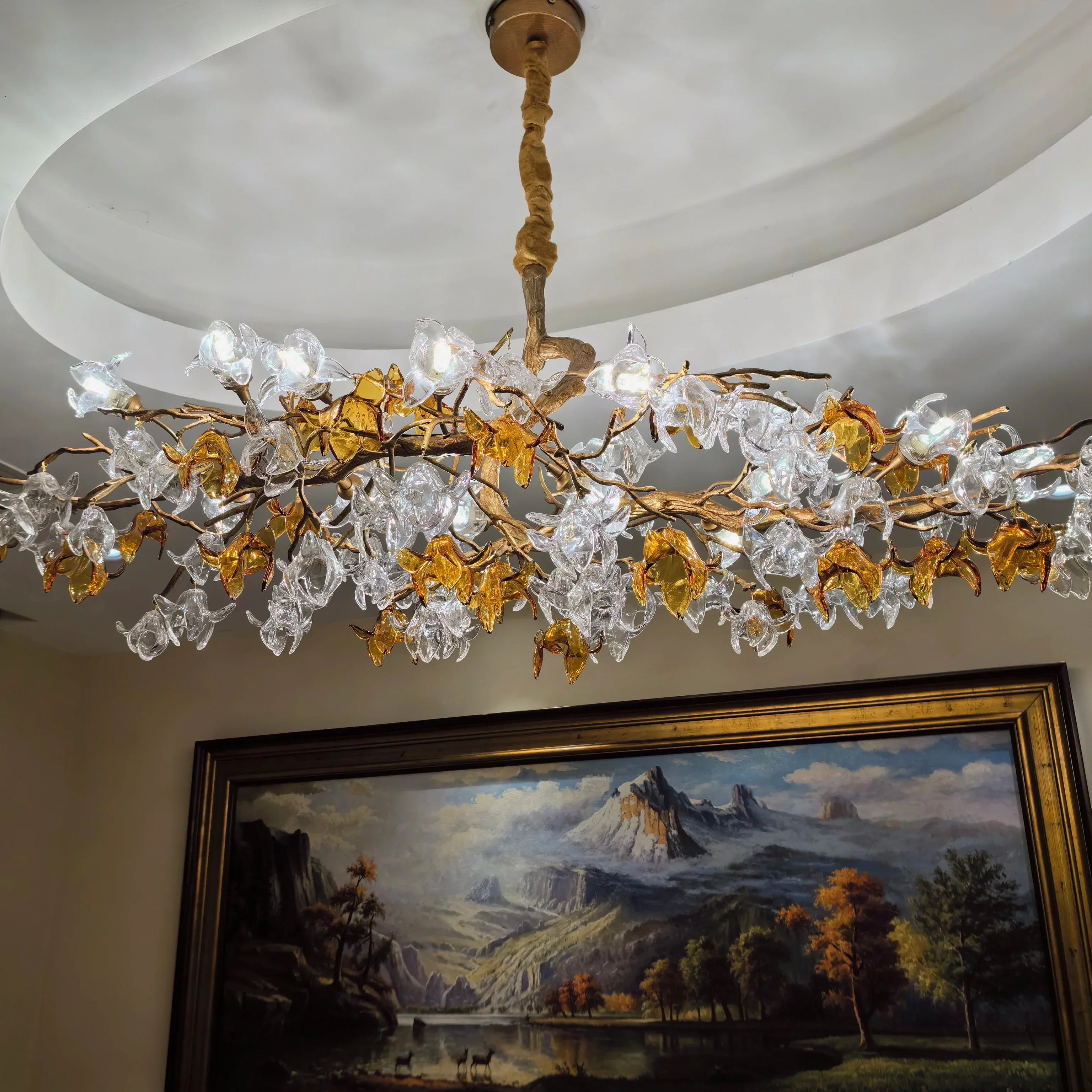 Designer Favorite Brass Branch Chandelier with Artistic Flower Glass for Dining Room Living Room and Kitchen Island-Chandeliers-Blushlighting